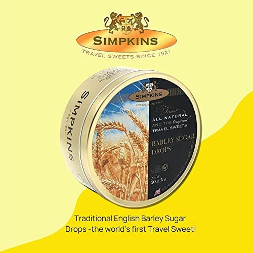 Simpkins Traditional English Barley Sugar Drops - Barley Sugar Hard Candy - Old-Fashioned Drops in Travel Tins - Dairy-Free Sweets & Nut-Free British Hard Candy - Travel Sweets 200 g