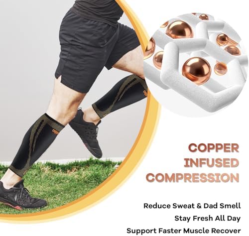 Copper Calf Compression Sleeves for Men & Women - High Stretch Graduated Compression with Anti-Slip Grip | Breathable & Smooth Lining Footless Design for Runners, Shin Splints, Leg Fatigue & Travel (1 Pair)