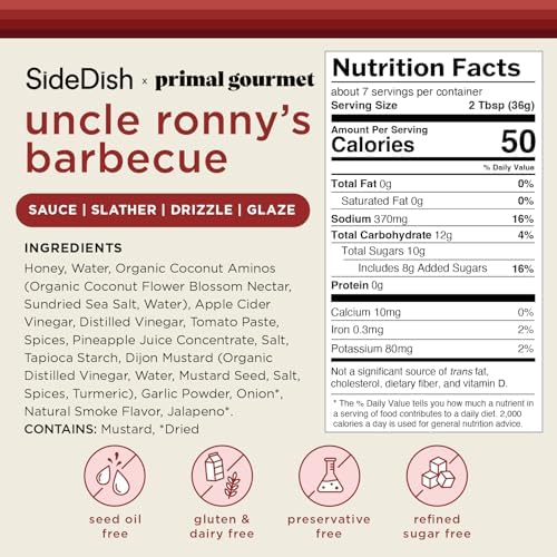 SideDish & Primal Gourmet Uncle Ronny's BBQ Sauce - Pack of 1 – Refined Sugar Free, Seed Oil Free BBQ Sauce with All-Natural Ingredients – Gluten & Dairy Free Paleo-Friendly Barbecue Condiment