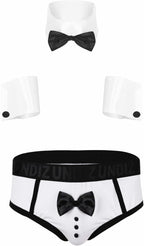Men's 3PCS Waiter Cosplay Lingerie Set Sexy Tuxedo Underwear Bow Tie Collar and Bracelets