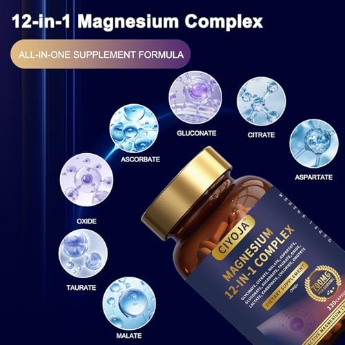 12-in-1 Magnesium Complex for Women Men: Magnesium Glycinate 700mg with Citrate, Malate Taurate Chelated Forms - High Absorption Magnesium Supplement for Relaxation Muscle Heart - 120 Vegan Capsules