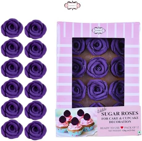 Confect Edible Rose Topper -Edible True Purple Rose Toppers for Cake & Cupcake - Edible Roses for Desserts- Vegan, Gluten-Free, Nut-Free, Dairy-Free, Palm Oil-Free - Pack of 12