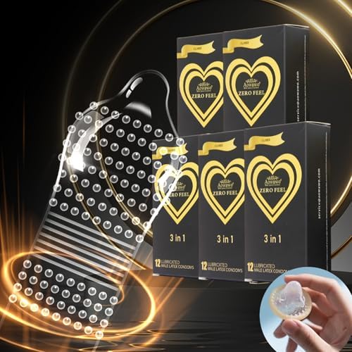Natural Latex Condoms, Multi Textures 3-in-1 (Dotted, Ribbed, Smooth) - Enhanced Sensation and Stimulation, Comfort Extra Lubricated, Reliable & Safe, for Couple Pleasure, 12 Counts