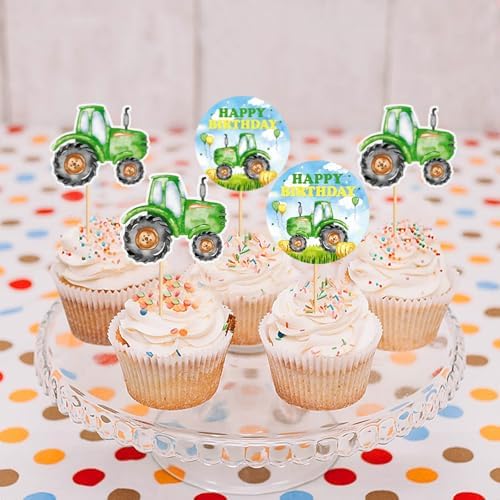 24Pcs Printed Green Tractor Cupcake Toppers Farm Tractors Cupcake Picks for Farm Tractor Birthday Cupcake Decoration Farm Theme Baby Shower Boys Girls Birthday Decorations Supplies