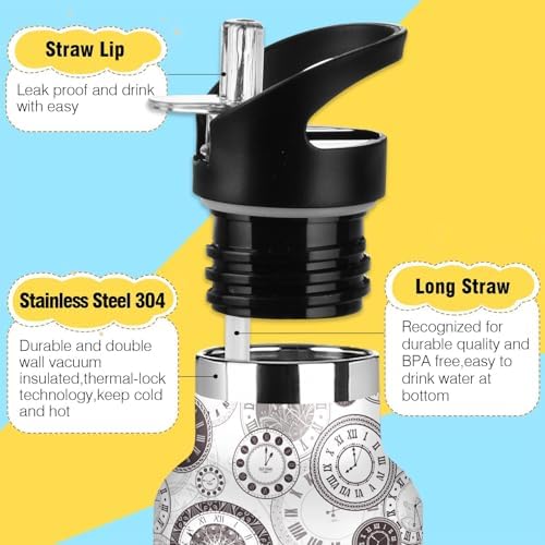 Water Bottle Kids Insulated Stainless Steel Hot Cold Clocks Print Water Flask Jug with Straw Lid for Sports Gym Running 20 oz
