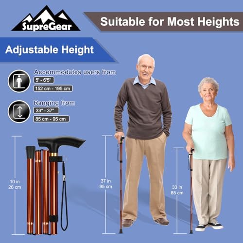 supregear Folding Cane, 5-Level Adjustable Height Walking Stick Lightweight Collapsible Portable Travel Cane with Wrist Strap and T Handle for Elderly Disabled Men Women