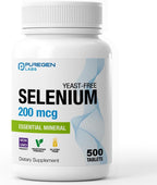 Puregen Labs Selenium 200 mcg Yeast Free Essential Mineral - 500 Vegetarian Tablets | Immune & Antioxidant Support | Non-GMO, Gluten Free
