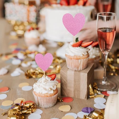 36Pcs Heart Cupcake Toppers Pink Glitter Sweet Love Cupcake Picks Valentine's Day Wedding Engagement Bridal Shower Birthday Party Cake Decorations Supplies 3 Size