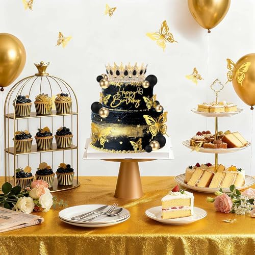 ZOYVUX Birthday Crown Cake Topper, Cake Decorations with Happy Birthday Cake Topper, Balls, Gold Butterflies, Corona Para Pastel for Women, Princess, Wedding Party Decor (Gold & Black)