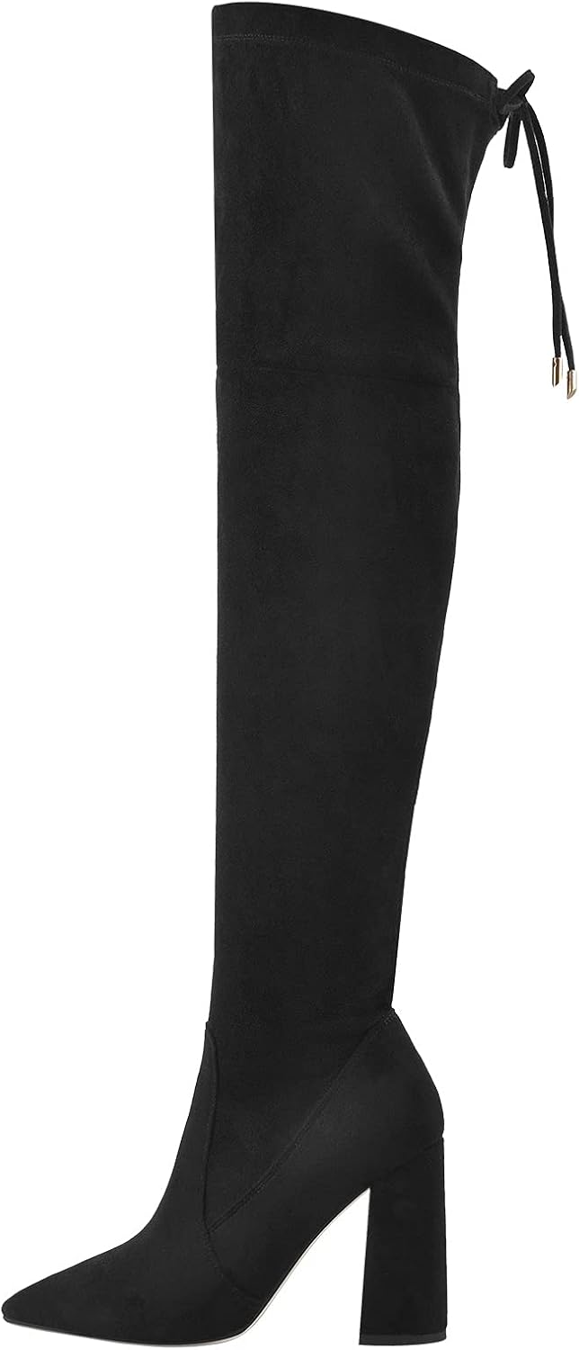 richealnini Lace Up Thigh High Boots for Women Zip Up Block Heeled Boots