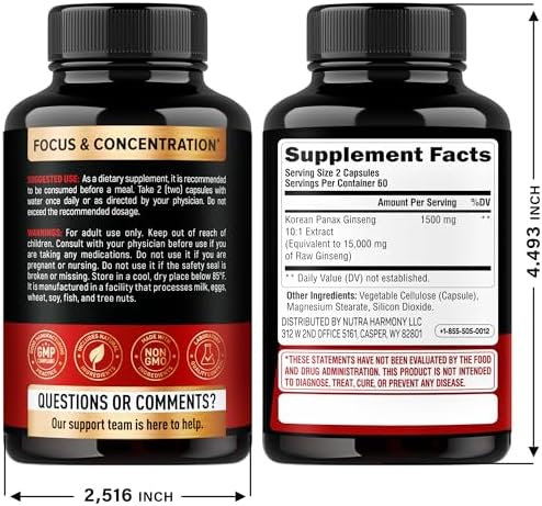 Panax Ginseng 15,000 mg - Red Korean Ginseng Supplement for Men - Extra Strength 10:1 Extract - Energy, Focus, Productivity & Performance - Natural & Vegan - Made in USA - 120 Capsules, 2 Month Supply