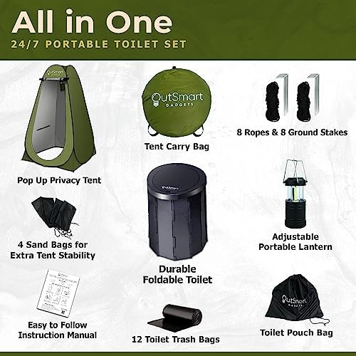 Outsmart Gadgets Outdoor Portable Toilet Set for Adults with Camping Night Lantern, Folding XL Toilet, Pop Up Privacy Tent and Carry Bags, Multipurpose Potty, Washable and Foldable for RV Travel