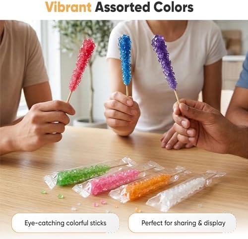 Rock Candy Crystal Lollipops, Purple, Red, Blue, Orange,Pink, White Sugar Sticks, Individually Wrapped, 20 Pieces (Unflavored)