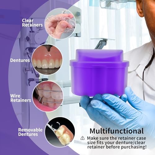 Denture Soaking Cup Dental Retainer Case Cleaning with Strainer Basket, Orthodontic Bath Box Mouthguard Storage Holder - Purple