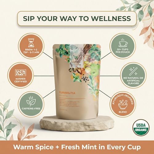 Gardenika Organic Flamma-tea Loose Leaf Tea | Premium Turmeric Ginger Blend with Cinnamon, Peppermint & Black Pepper | 100% Natural, Caffeine Free Herbal Wellness Tea | 4oz (113g)