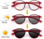 Oval Frame Reading Glasses Photochromic MultiFocus Sunglasses, Red Progressive Presbyopia Readers, Anti Blue Light