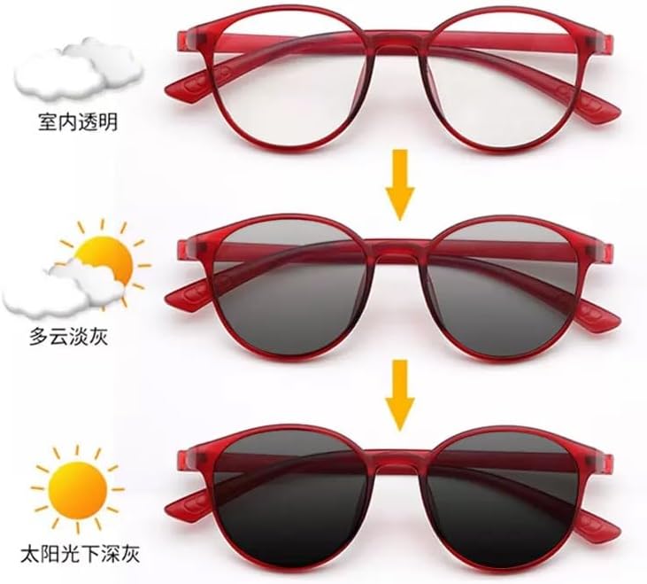 Oval Frame Reading Glasses Photochromic MultiFocus Sunglasses, Red Progressive Presbyopia Readers, Anti Blue Light