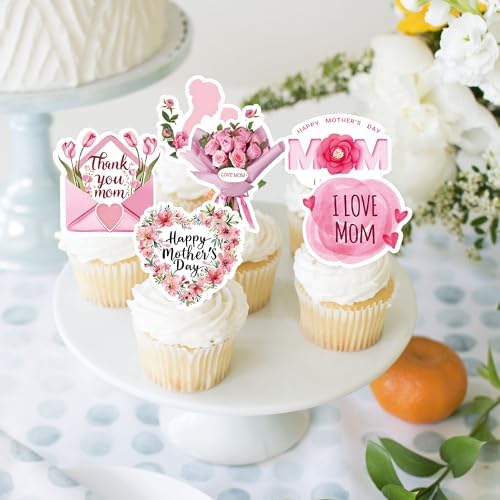 48PCS Edible Happy Mothers' Day Cupcake Toppers Wafer Paper Mother Birthday Cake Picks Mother's Day Party Favors Supplies