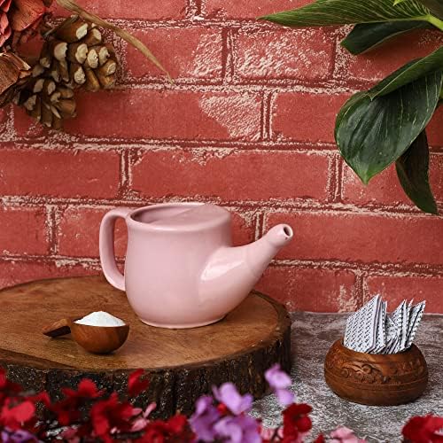 HealthGoodsIn Ceramic Neti Pot, Spill Proof with 5 Sachet Neti Salt, Microwave Safe, Holds 250 ML (8.4 FL Oz) (Pink)