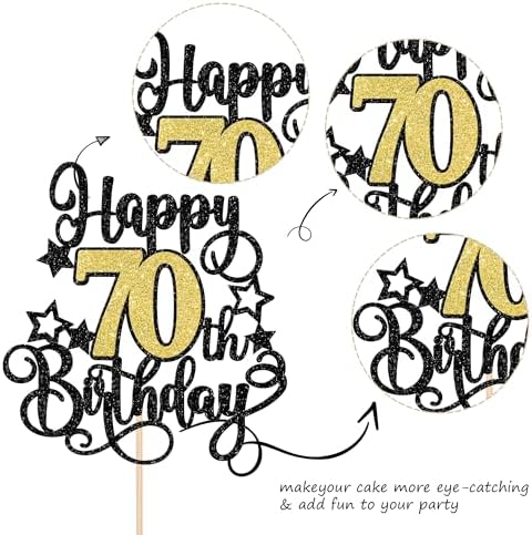 1 PCS Happy 70th Birthday Cake Topper Black Gold Glitter Cheers to 70 Years Birthday Cake Pick Hello 70 Fabulous Cake Decoration for Happy 70th Birthday Anniversary Party Decorations Supplies