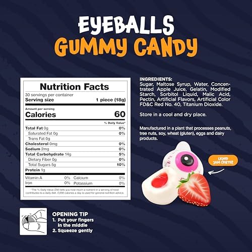 Eyeballs Gummy Candy - 19 Ounce Jar (30 Count) - Strawberry Jam Filled Center - Individually Wrapped Candy - Fun Party Favors - Spooky Gummies by Funtasty