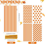 Fall Cellophane Treat Bags, 100pcs Plastic Orange Stripe Wave Dot Thanksgiving Candy Goodie Bags for Autumn Cookie Snack with Twist Ties for Autumn Thanksgiving Fall Birthday Party Favor