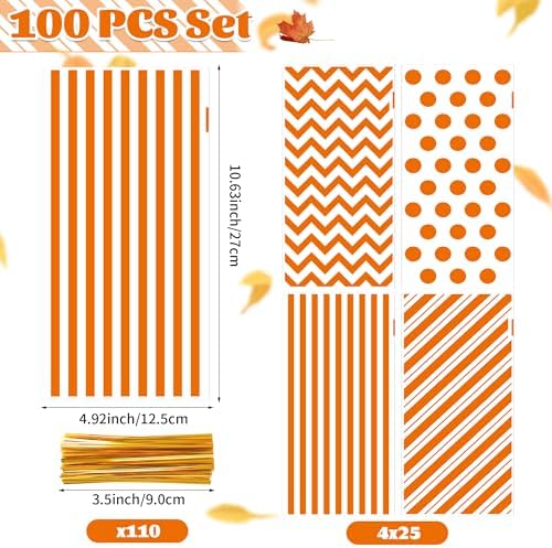 Fall Cellophane Treat Bags, 100pcs Plastic Orange Stripe Wave Dot Thanksgiving Candy Goodie Bags for Autumn Cookie Snack with Twist Ties for Autumn Thanksgiving Fall Birthday Party Favor