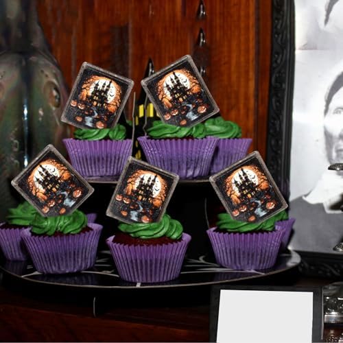 40Pcs Edible Black Ghost House Cupcake Toppers Black Castle Halloween Card Cupcake Picks for Halloween Party Decorations Boys Girls Goth Birthday Party Cake Cupcake Decorations Supplies