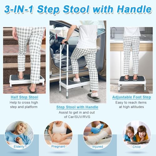 Medical Step Stool with Handle for Elderly Seniors SUV Car Steps 400lb Stepping Stool Adults Ramps with Handrails Height Adjustable Rv Steps Wide Platform Safety Handicap Mobility Assist Devices