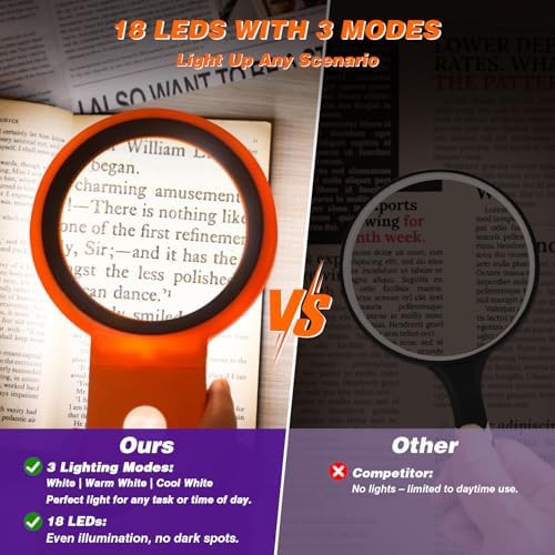Magnifying Glass with Light and Stand, Foldable Handheld Magnifying Glass 18 LED Illuminated Lighted Magnifier for Macular Degeneration, Seniors Reading, Close Work, Coins, Jewelry Orange