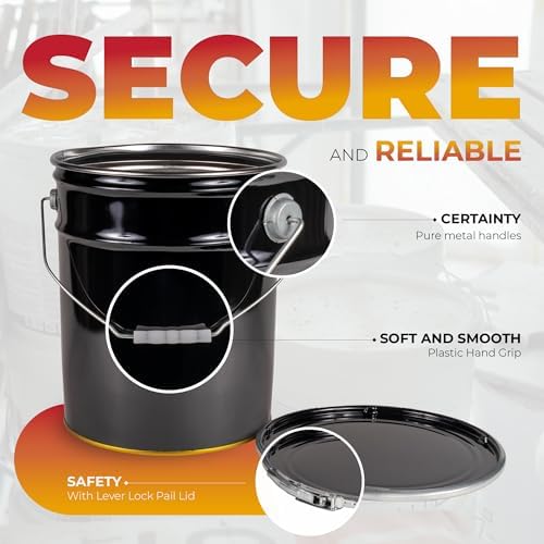 ATERET 5 Gallon Black Metal Bucket & Lever Lock Pail Lid - 3 Pack - Heavy Duty Durable Pails and Lids for Outdoor and Household Use