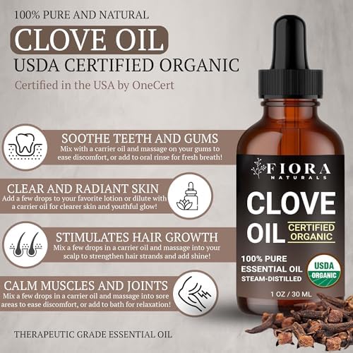 Organic Clove Essential Oil – 100% Pure, USDA Certified Clove Bud Oil for Teeth & Gums, Toothache Relief, Hair Growth & Aromatherapy – Premium Cloves Oil for DIY Wellness by Fiora Naturals