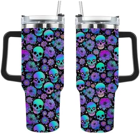 generic Sugar Skull Flower 40oz Tumbler With Handle Gifts For Aunt Skinny Wine Tumbler For Office, White