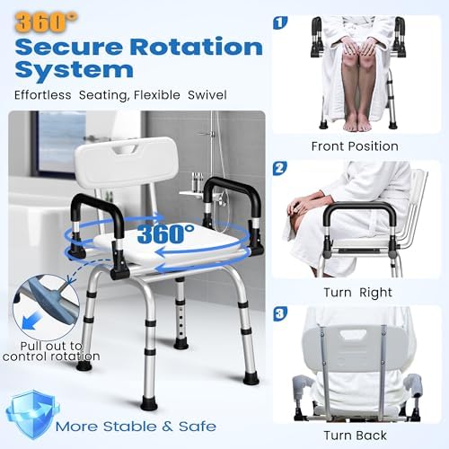 Swivel Shower Chair, 360° Rotating Adjustable Shower Seat with Pivoting Arms & Padded Seat, Heavy Duty 400 lbs Bath Chair for Elderly and Disabled in Shower Stall & Bathtub
