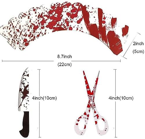 Dzrige Halloween Cupcake Toppers Wrappers Horror Cake Decoration Scary Bloody Knife Scissors Food Decor for Halloween Theme Party, Ghost Party, Birthday Party