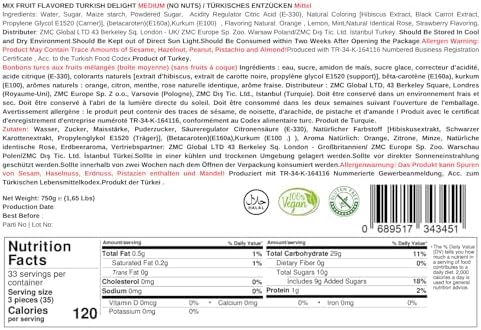 Mughe Gourmet Turkish Delight Candy Elegant Gift Tin Box - 1.65lb-750g - Halal Vegan Lokum Fruit Flavors Rose, Strawberry, Lemon, Orange, Mint - Gift for Special Occasions, Halloween, Christmas