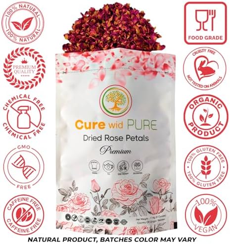 Cure Wid Pure Certified Organic Dried Rose Petals 4 oz Food-Grade Edible Rose Petals for Tea,Cocktails,Baking,Skincare & DIY - Sun-Dried,Non-GMO,Gluten & Chemical-Free Edible Flowers in Resealable Bag