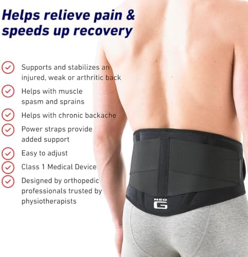Neo G Back Brace with Power Straps - Support For Lower Back Pain, Muscle Spasm, Strains, Arthritis, Injury Recovery, Rehabilitation - Adjustable Compression - Class 1 Medical Device - One Size - Black