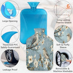 Elegant Birds Flower Hot Water Bottle with Cover 2L Large Hot Water Bag for Menstrual Cramps, Neck and Shoulder Pain Relief, Hot Cold Therapy, Hand Feet Warmer