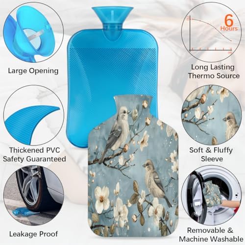 Elegant Birds Flower Hot Water Bottle with Cover 2L Large Hot Water Bag for Menstrual Cramps, Neck and Shoulder Pain Relief, Hot Cold Therapy, Hand Feet Warmer