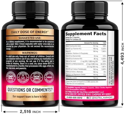 Vitamin B Complex for Men & Women - Made in USA - B-Complex: B1, B2, B3, B5, B6, B7, B8, B9, B12 with Vitamin C, Choline, Inositol - Energy, Brain & Heart Support Supplement, 120 Vegan Capsules