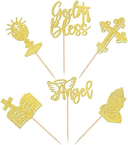 24 PCS God Bless and Cross Cupcake Toppers Glitter Angel Cross God Bless Cupcake Picks for Church Baptism First Communion Baby Shower Birthday Party Cake Decorations Supplies Gold