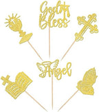 24 PCS God Bless and Cross Cupcake Toppers Glitter Angel Cross God Bless Cupcake Picks for Church Baptism First Communion Baby Shower Birthday Party Cake Decorations Supplies Gold