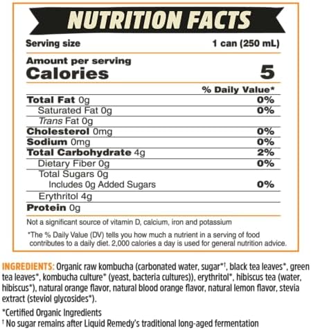 Liquid Remedy Kombucha Sugar Free Organic Drink, Low Calorie, Probiotic Like Tea for Gut Health - Orange Splash - 8.5 Fl Oz Can, 24-Pack