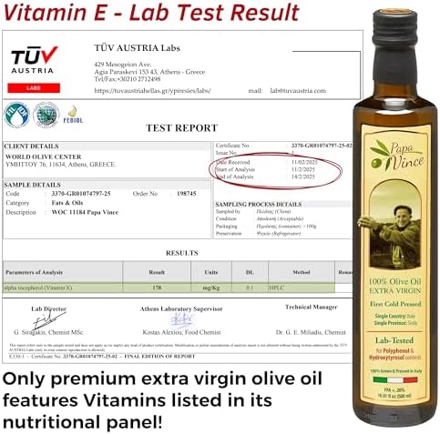 Papa Vince Olive Oil Extra Virgin - First Cold Press Family Harvest 2024/25, Polyphenol Rich, Subtle Peppery Finish, Unrefined, High in Monounsaturated Fat, No Pesticides, No GMO, Sicily, Italy