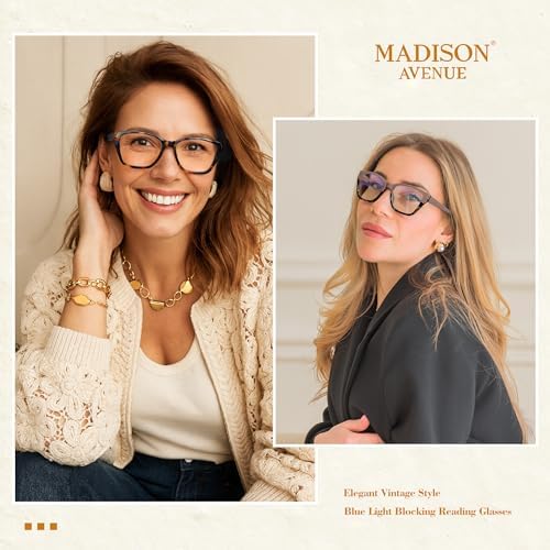 Madison Avenue 2 Pack Cateye Blue Light Blocking Reading Glasses for Women Spring Hinge, Vintage Computer Readers Eyeglasses