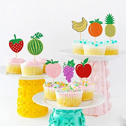 Ercadio 24 Pack Fruit Theme Cupcake Toppers Glitter Apple Orange Peach Strawberry Banana Cupcake Picks Hawaii Fuit Cupcake Decor for Birthday Party Decoration Supplies
