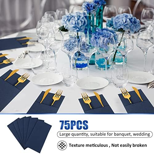 Cindeer 75 Pcs Navy Blue Napkins Disposable Linen Feel Dinner Paper Napkins with Built in Flatware Pocket Prefolded Airlaid Paper Guest Hand Towel for Silverware Wedding Reception Baby Shower