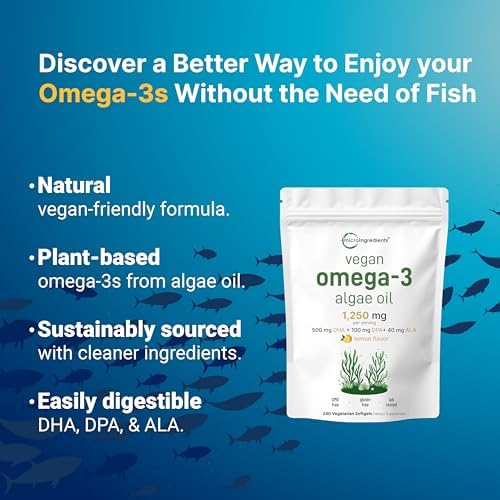 Micro Ingredients Vegan Omega 3 Algae Oil, 240 Veggie Softgels | Fish Oil Alternative | DHA 500mg & DPA 100mg | Carrageenan Free | Plant-Based Omega 3 with Flaxseed & ALA | Lemon Flavored