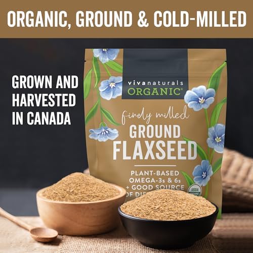 Viva Naturals Organic Ground Flaxseed, 30 oz (850 g) – Plant-Based Protein, Vegan Omega-3 & Fiber, Finely Milled Flax Seeds, Perfect for Smoothies & Baking